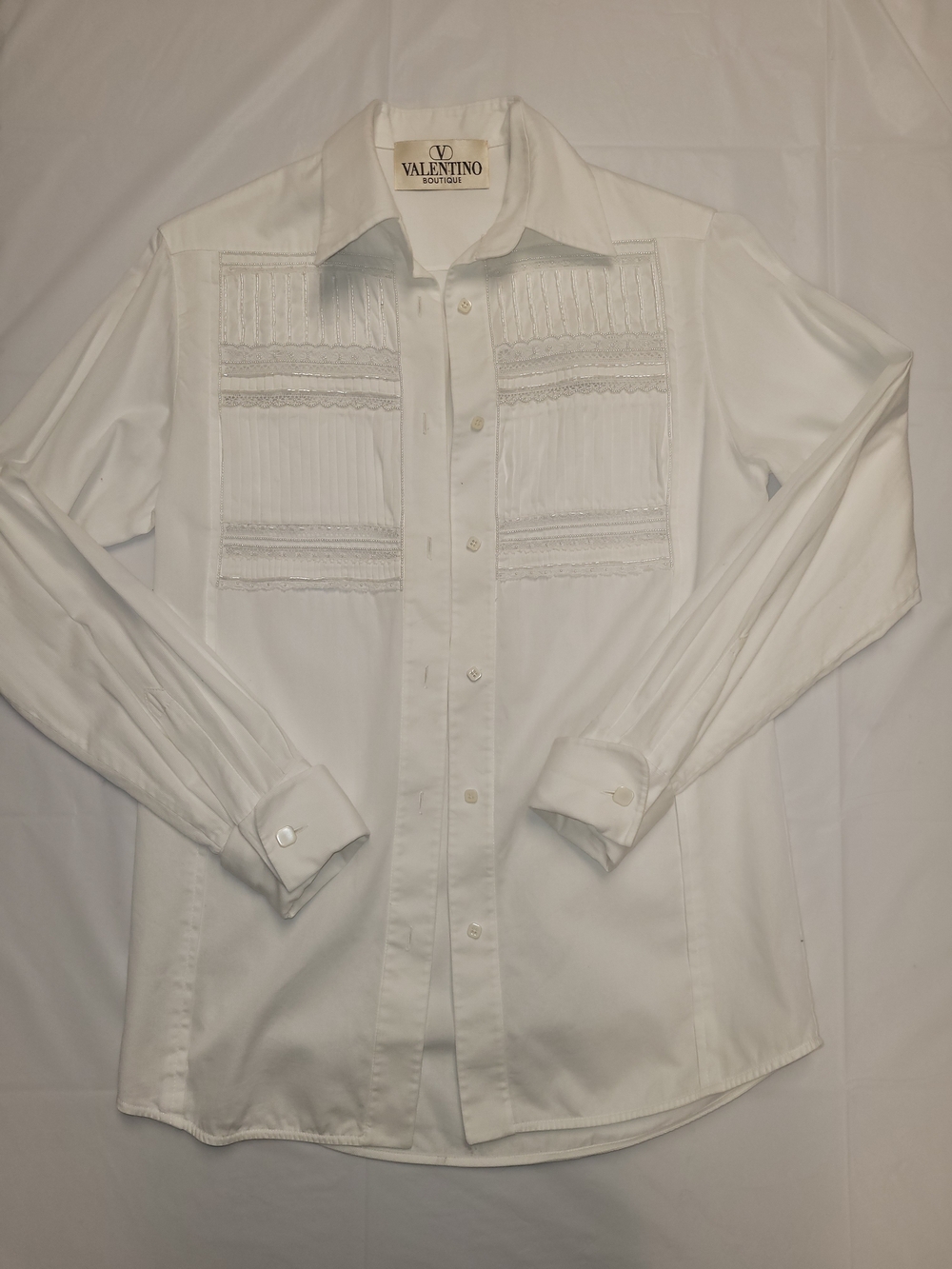 Valentino White Pintuck & Lace & Pearl Trim Button-Down Shirt